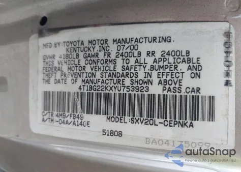 2000 Toyota Camry Le из США, поврежденный, VIN 4T1BG22KXYU753923